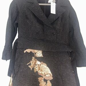 Teri Jon Black Textured Skirt Suit with Gold Metallic Detail